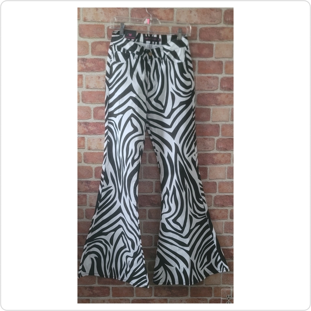 Extreme Bell Bottom Flare Zebra Print Pants by Purple Candy Unruly Size Med
